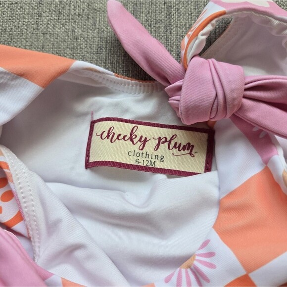 Cheeky Plum Retro Checkered Swimsuit Baby 6-12 Months Ruffled Orange And Pink - Picture 4 of 8